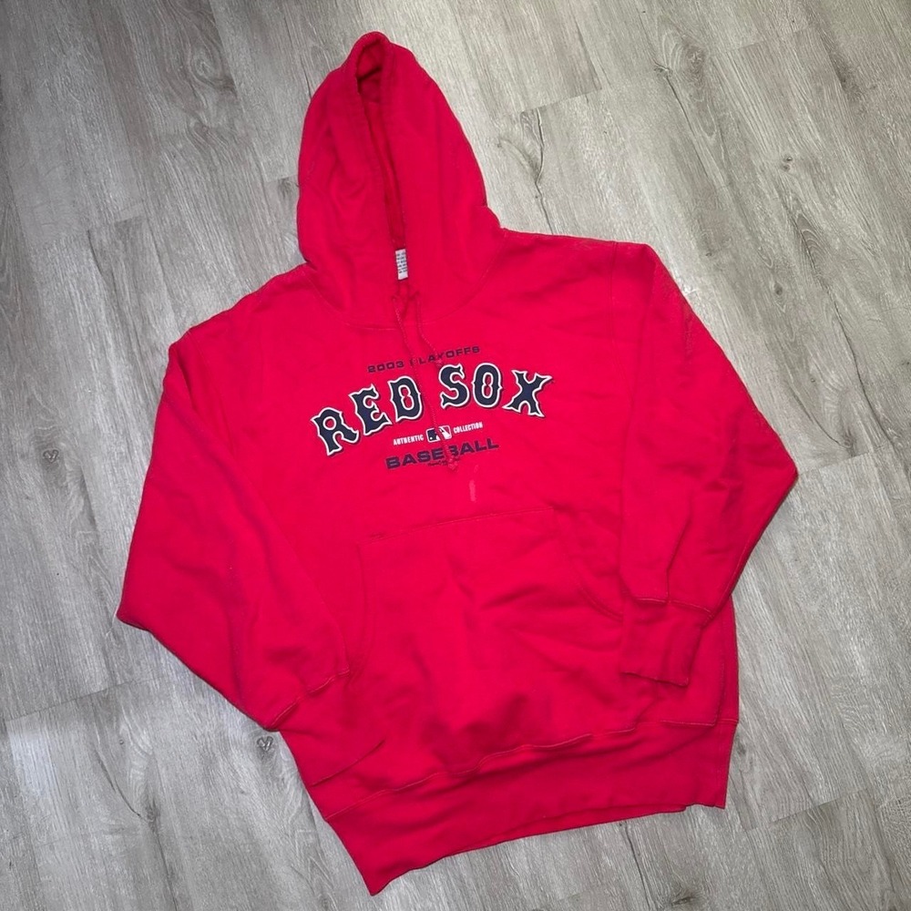 Red Boston Red Sox hoodie with navy colored spell out name